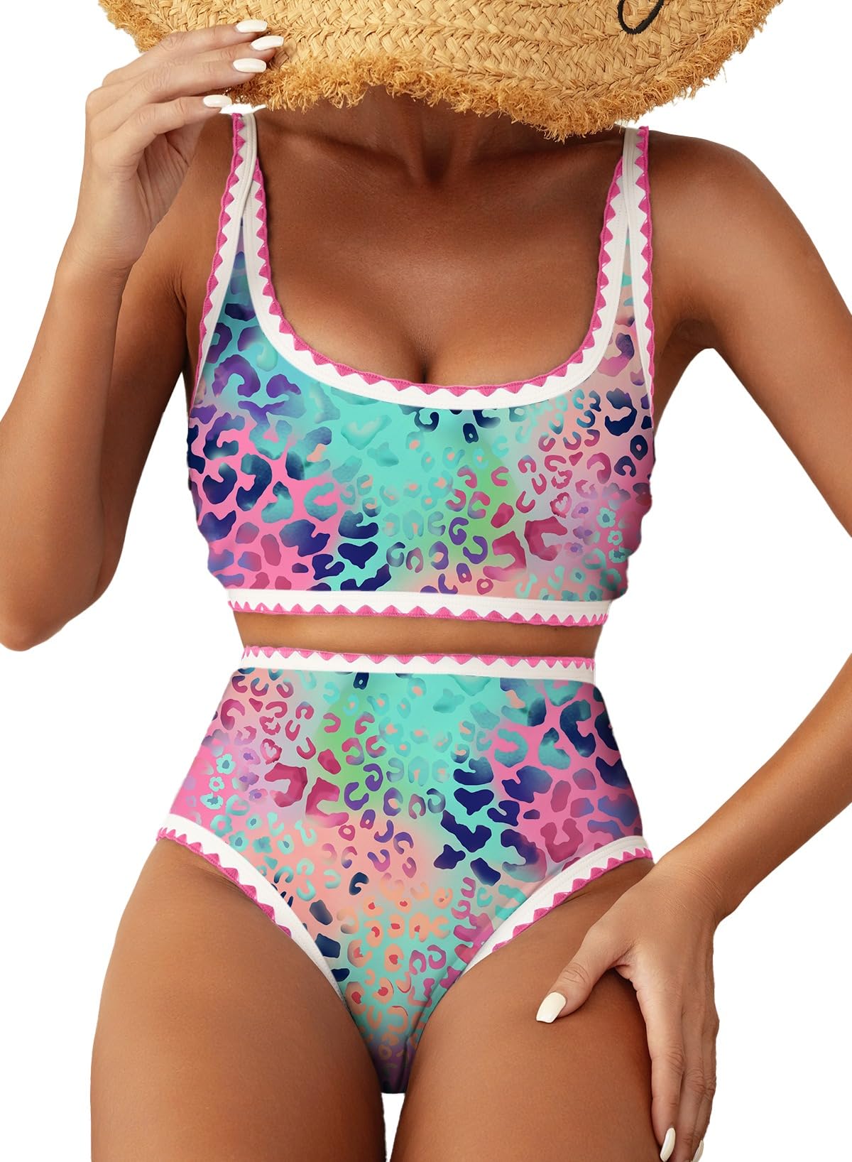 HOTHerseas Women's Bikini Sets Floral Print Whip Stitch 2 Piece Swimsuits High Waisted Scoop Bathing Suits