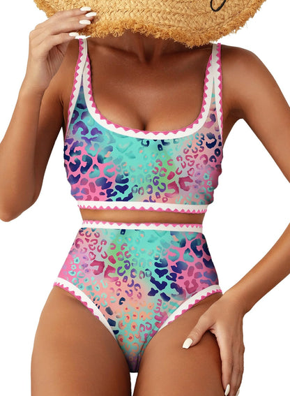 HOTHerseas Women's Bikini Sets Floral Print Whip Stitch 2 Piece Swimsuits High Waisted Scoop Bathing Suits
