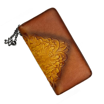 HOTWallet Genuine Leather for Women - with RFID Blocking Card checkbook ID Slot Large Capacity Vintage style (flower brown)
