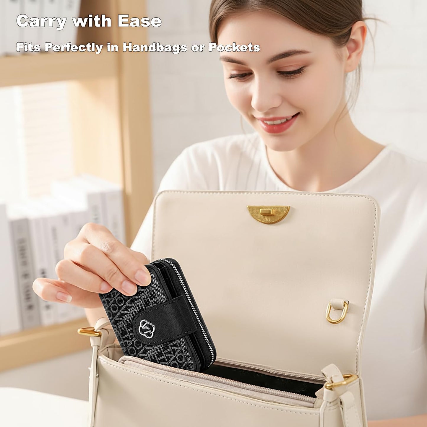 HOTCredit Card Wallets for Women, Leather Cardholder with Zipper Around, Small Rfid Ladies Wallet, Accordion Compact Bifold Purse for Travel, 19 Card Slots, ID Window, Cash Organizer - Black