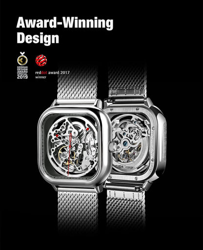 HOTCIGA Design Automatic Mechanical Watch C Series Skeleton Analog Wrist Watch with Milanese Strap Sapphire Crystal Mirror Gifts for Men and Women