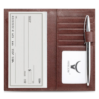 HOTHISCOW Leather Checkbook Cover with Card Slots & Pen Holder, Brown | Full grain cowhide, 5cc & ID window, personal check book & register pockets, removable duplicate divider, gifts for women men