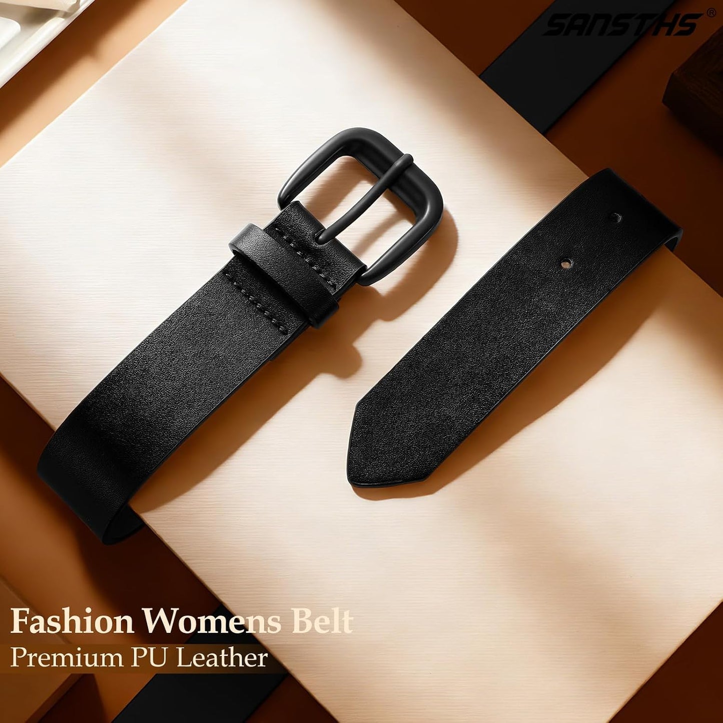 HOTSANSTHS Womens Belt with Same Color Square Buckle, 9 Hole Adjustable Flexible PU Leather Belt for Women Jeans Pants Dresses