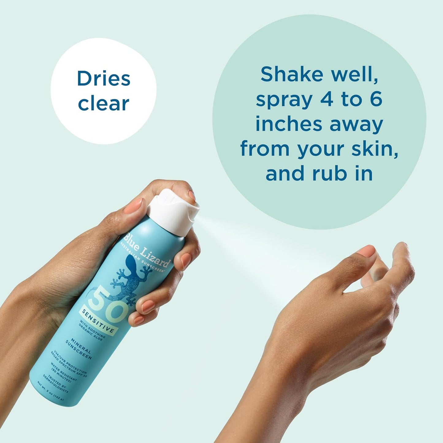 HOTBlue Lizard Sensitive Mineral SPF 50 Spray, Dermatologist-Recommended Brand, Broad-Spectrum UVA/UVB Protection, Water-Resistant, Zinc Oxide Formula, 5 oz