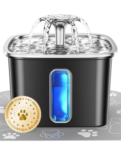 HOTVeken Innovation Award Winner Stainless Steel Cat Water Fountain, 108oz/3.2L Automatic Pet Fountain Dog Water Dispenser with 3 Replacement Filters & Silicone Mat, Gifts for Cats, Dogs (Silver)