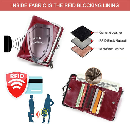 HOTCONTACTS Womens Kiss Lock Wallet Leather Small Zipper Coin Purse Red Bifold Rfid Clasp Wallet Card Holder with Photo Window