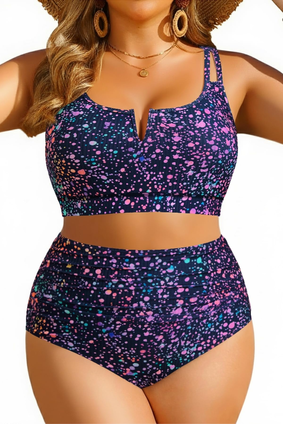 HOTWomen Plus Size High Waisted Bikini Ribbed Two Piece Tummy Control Swimsuit | V-Wired Bathing Suit, Adjustable Straps, Full Coverage, Full Lining