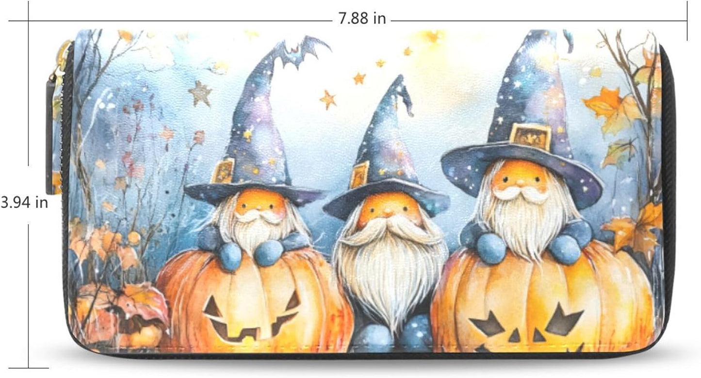 HOTMNSRUU Womens Wallet Purses, Gnomes Halloween Clutch Purses for Women RFID Blocking Credit Card Holder Wallet Leather Zipper Coin Purse
