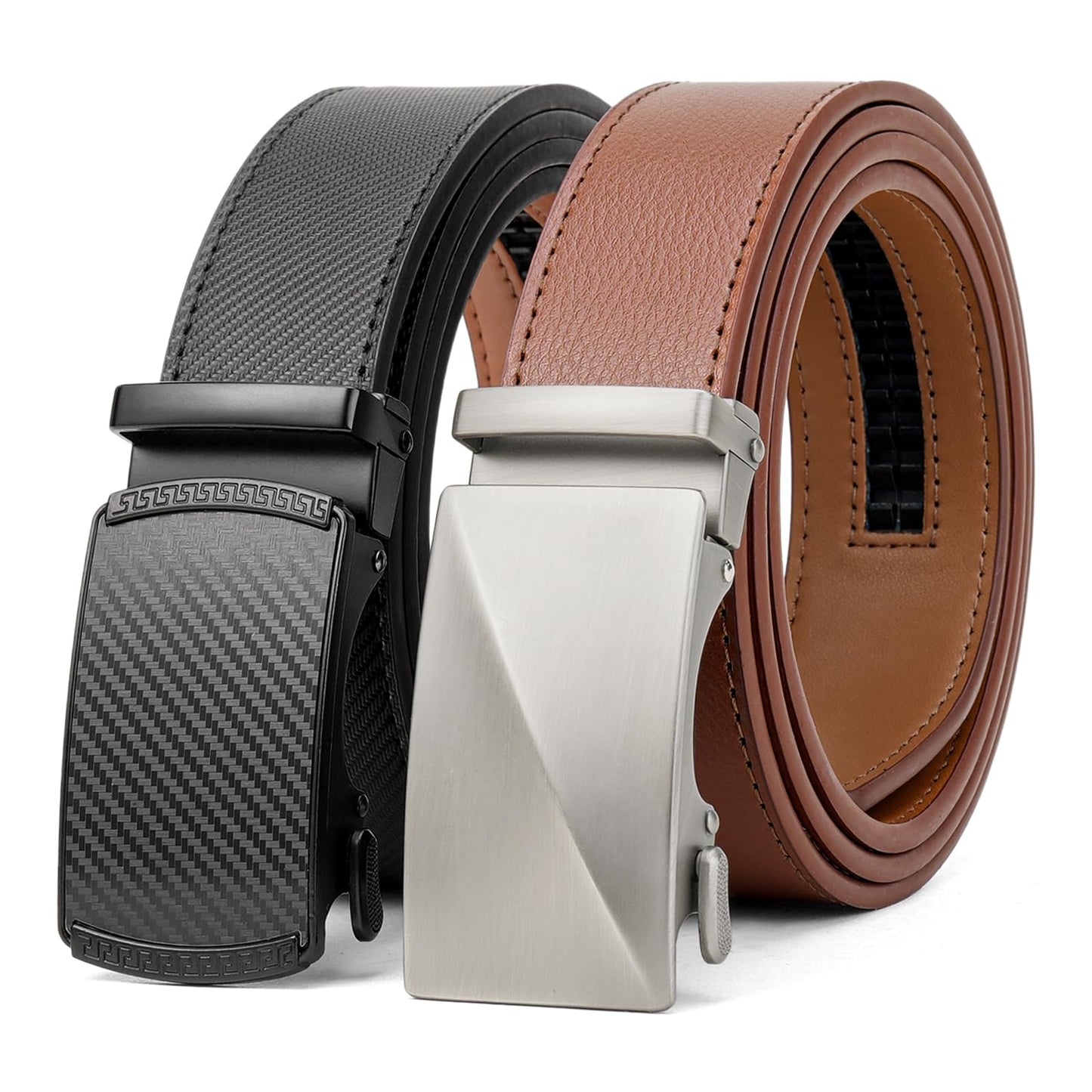 HOTSENDEFN 2 Pack Ratchet Belt Men, Men Leather Belts in Gift Set Box for Dress Casual, Size Adjustable Trim to Fit