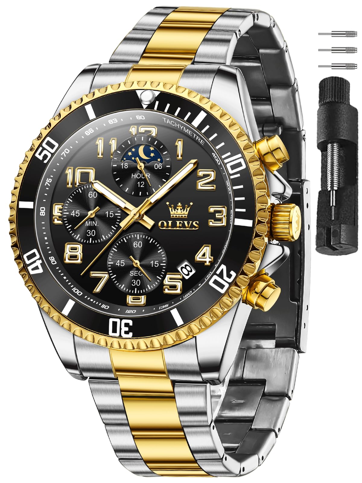HOTOLEVS Watches for Men Stainless Steel Dress Men Watch with Date Big Face Chronograph Waterproof Luxury Fashion Watch Blue/Black/Gold/Green/Silver Face Relojes para Hombres