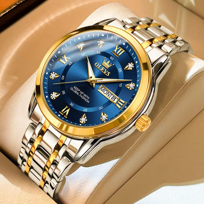 HOTOLEVS Men Watch Blue Gold Analog Quartz Stainless Steel Waterproof Luminous Date Luxury Casual Watch