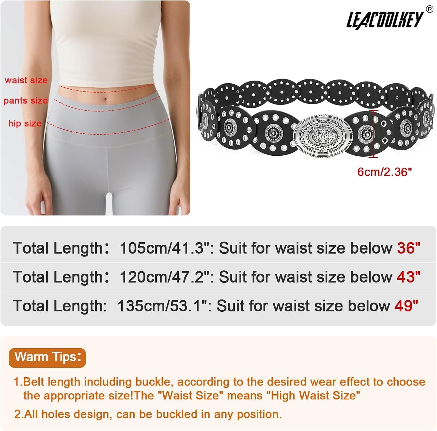 HOTLEACOOLKEY Hollow Western Disc Belt for Dress Boho Concho Belt Vintage Country Waist Belts for Women