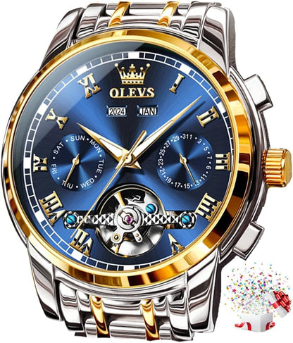 HOTOLEVS Self Winding Watches for Men Automatic Mechanical Dress Tourbillon Stainless Steel Dual Calendar Waterproof Luminous Wrist Watch