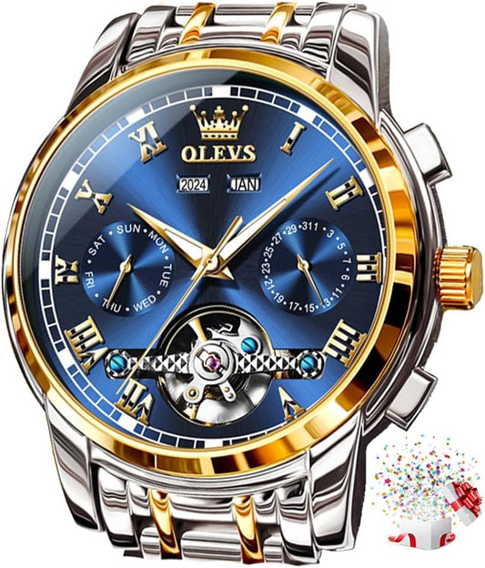 HOTOLEVS Self Winding Watches for Men Automatic Mechanical Dress Tourbillon Stainless Steel Dual Calendar Waterproof Luminous Wrist Watch