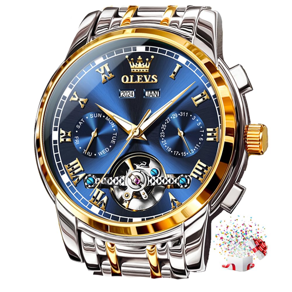 HOTOLEVS Self Winding Watches for Men Automatic Mechanical Dress Tourbillon Stainless Steel Dual Calendar Waterproof Luminous Wrist Watch