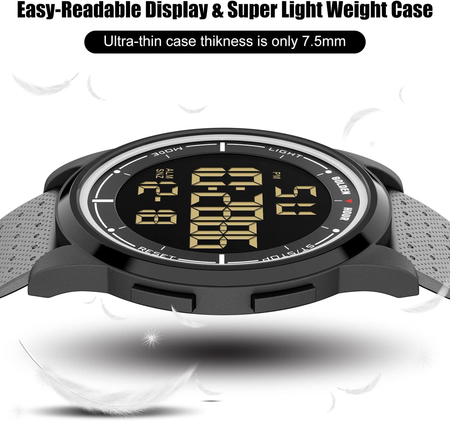 HOTGOLDEN HOUR Ultra-Thin Minimalist Sports Waterproof Digital Watches Men with Wide-Angle Display Rubber Strap Wrist Watch for Men Women