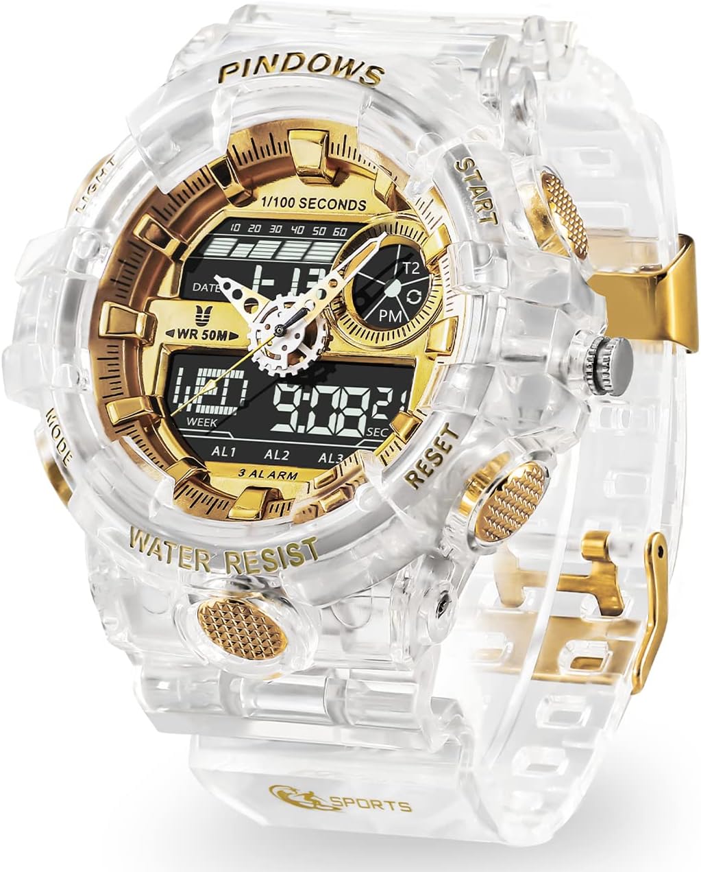 HOTPINIDOUS Mens Watch for Men Digital Sport Watch Transparent Gold Watches Waterproof Watches with 3 Alarms/Countdown/Stopwatch/Digital-Analog/Dual Time/Light/Military Multifunctional Wrist Watch