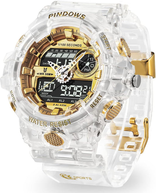 HOTPINIDOUS Mens Watch for Men Digital Sport Watch Transparent Gold Watches Waterproof Watches with 3 Alarms/Countdown/Stopwatch/Digital-Analog/Dual Time/Light/Military Multifunctional Wrist Watch