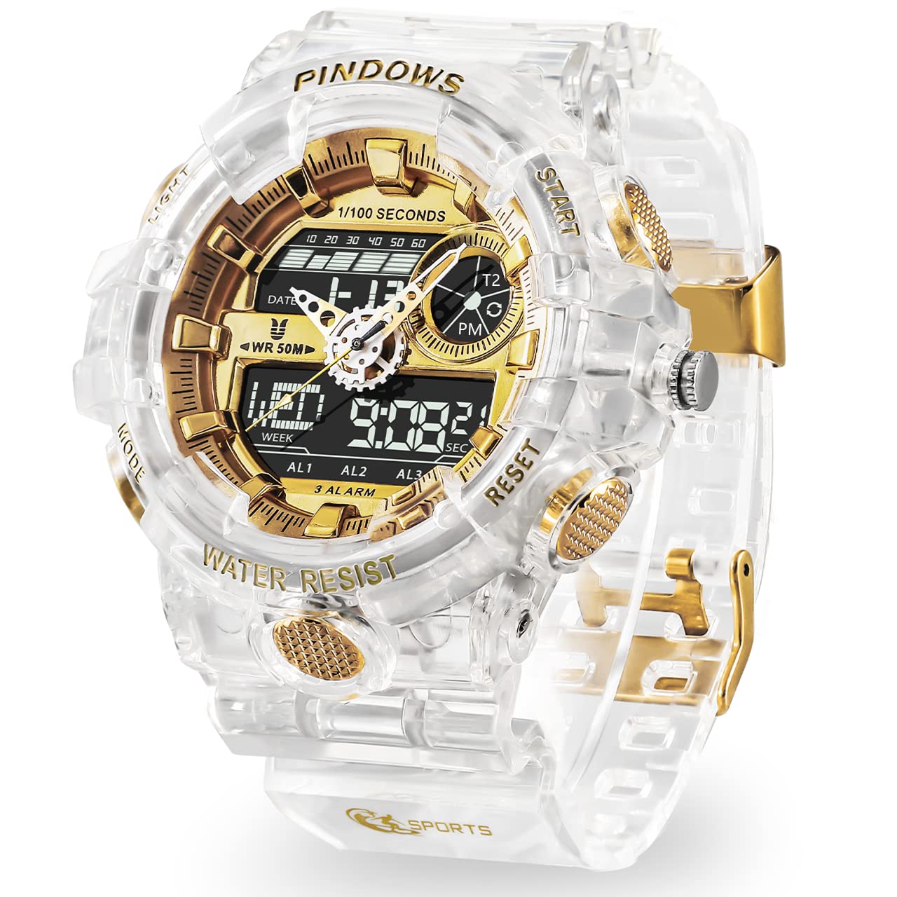 HOTPINIDOUS Mens Watch for Men Digital Sport Watch Transparent Gold Watches Waterproof Watches with 3 Alarms/Countdown/Stopwatch/Digital-Analog/Dual Time/Light/Military Multifunctional Wrist Watch