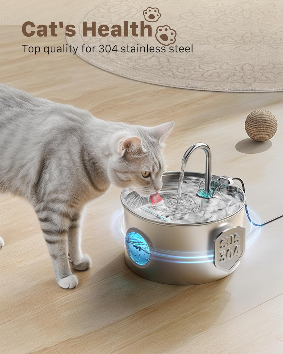 HOTCat Water Fountain Stainless Steel: 74oz/2.2L Cat Fountain for Drinking - Pet Water Fountain for Cats Inside - Quiet Cats Water Bowl Dispenser - Kitty Drinking Fountains - for Pets& Small Animals