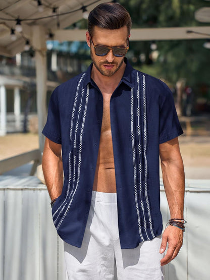 HOTRuncati Mens Short Sleeve Guayabera Shirts Linen Button Down Cuban Shirt | Cotton blend, Mexican style, Button up, Embroidered, Loose fit, Barong tagalog, Bowling shirts, for Summer Beach, Wedding