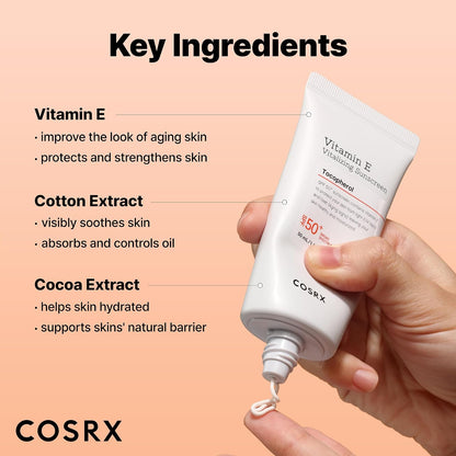 HOTCOSRX Vitamin E Sunscreen for Oily Skin SPF 50, Natural Glow Face Sunscreen, Lightweight, Non-Sticky, No White Cast, Hydrating, Beach Essentials, Summer Travel Essentials, Korean Skincare,1.69 fl oz