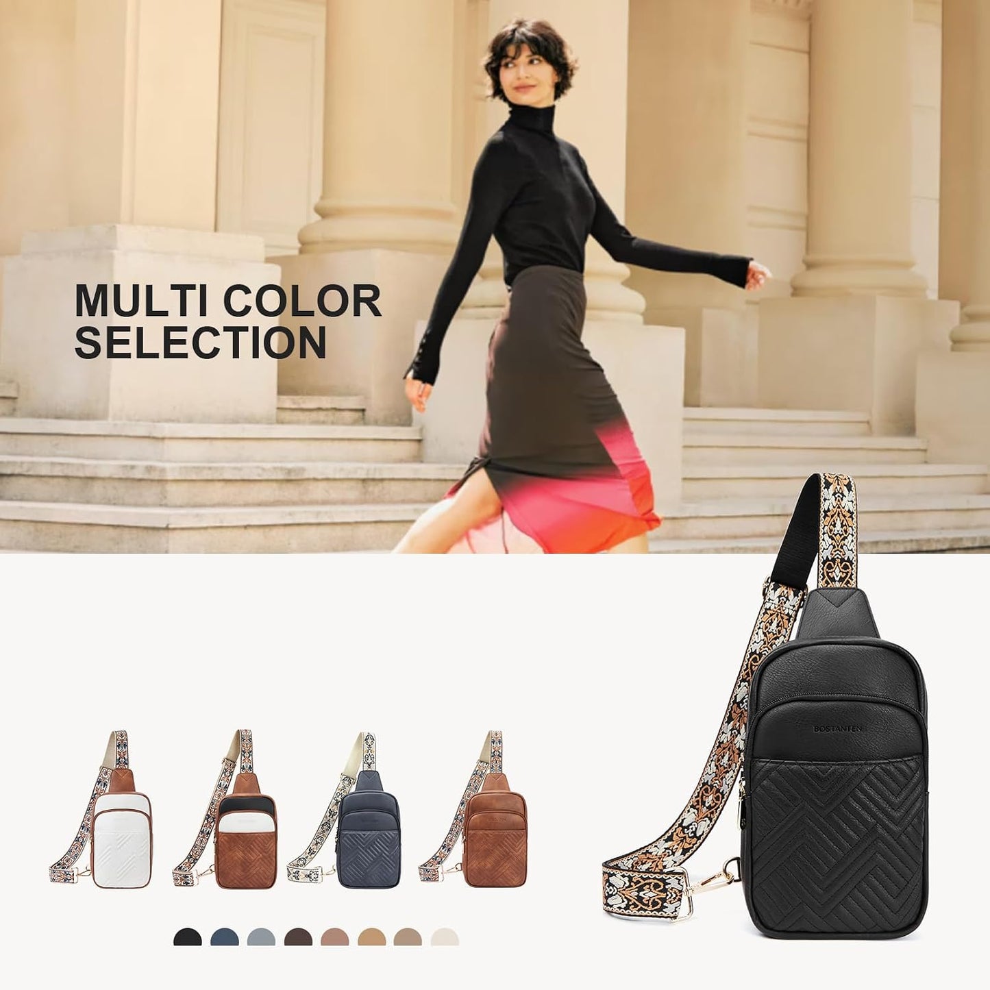 HOTBOSTANTEN Sling Bag Quilted Crossbody Bags for Women Cross Body Purse Leather Fanny Pack with Adjustable Guitar Strap