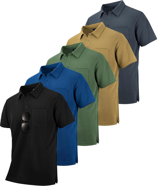 HOTSCODI 5 Pack Mens Pocket Polo Shirts Short Sleeve Multipack Golf Shirt for Men Moisture Wicking Casual Athletic Work T-Shirts