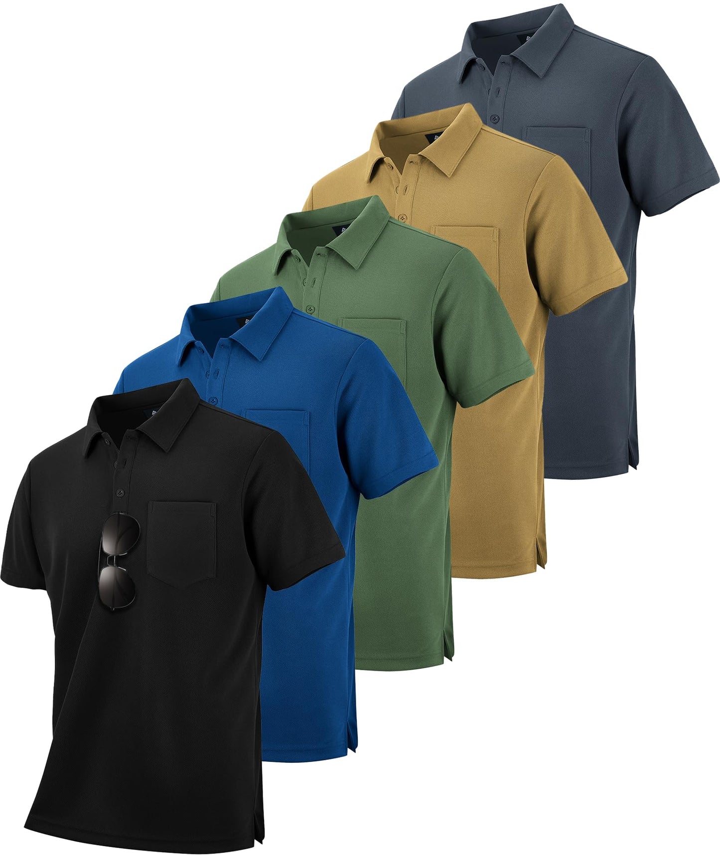 HOTSCODI 5 Pack Mens Pocket Polo Shirts Short Sleeve Multipack Golf Shirt for Men Moisture Wicking Casual Athletic Work T-Shirts