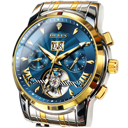 HOTOLEVS Self Winding Watches for Men Automatic Mechanical Dress Tourbillon Stainless Steel Dual Calendar Waterproof Luminous Wrist Watch