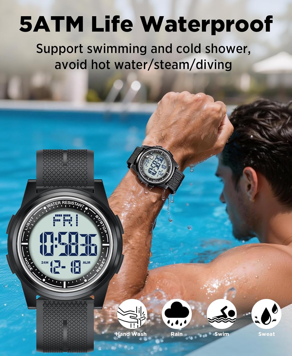 HOTBeeasy Digital Watch for Men Women, 50M Waterproof, Ultra-Thin & Lightweight, 44mm Silicone Sports Watch with Alarm, Stopwatch, Countdown, Ideal for Gym, Running, School, Daily Wear