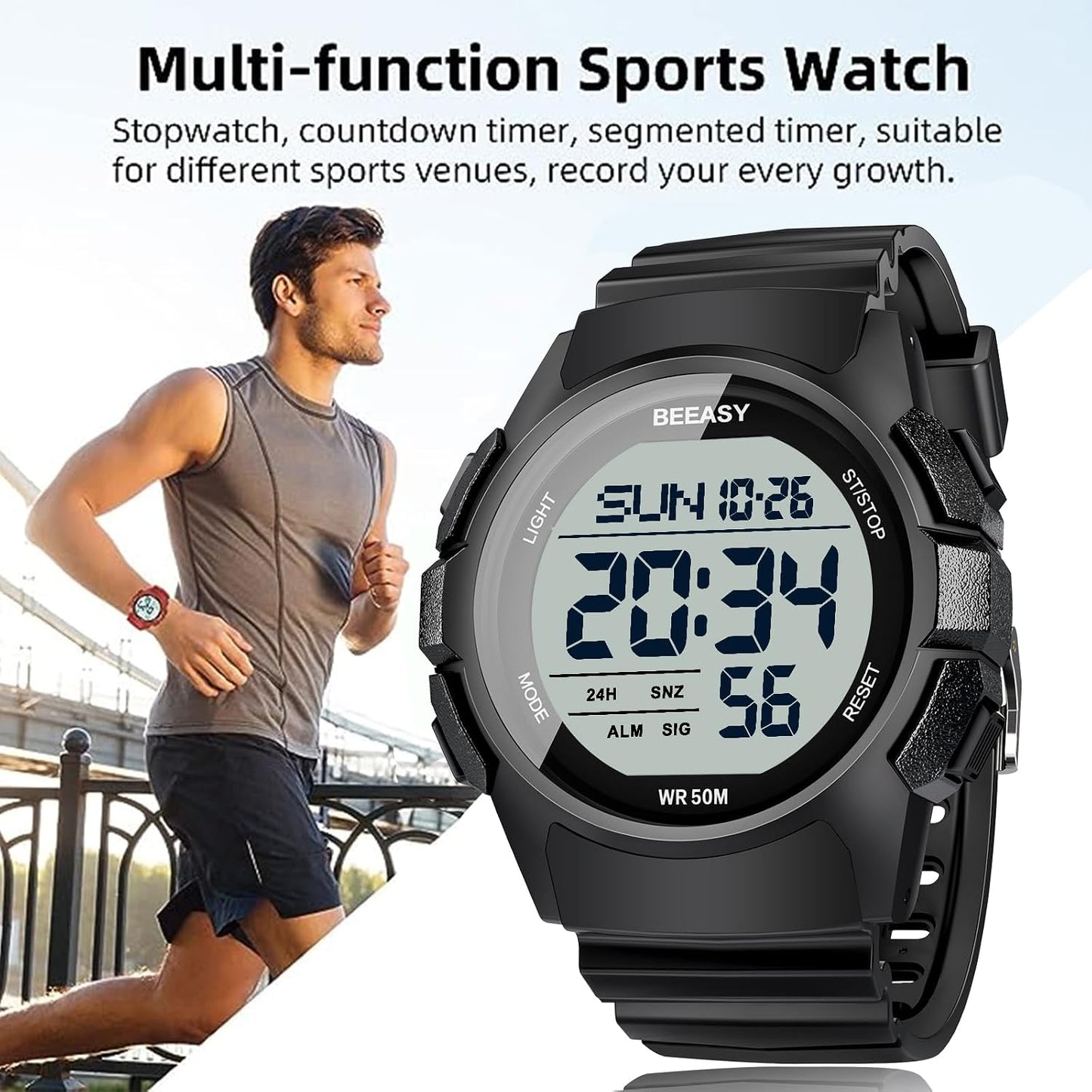 HOTBeeasy Mens Digital Sports Watch, 50M Waterproof 49mm Rubber Strap Mens Watches with Stopwatch, Countdown Timer, Alarm & Dual Time—Ideal for Sport, Gym, Running, Referee, School & Daily Wear