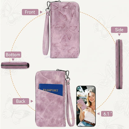 HOTBELTANA Womens Wallet RFID Wallet Women with Passport Holder Butterfly Vegan Leather Multi Card Slots Wallets Large Capacity Wristlet Travel Purse for Women (Purple)