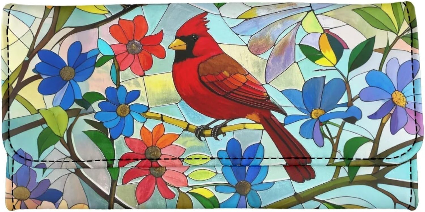 HOTNorth Cardinals Bird Women Wallet Long Trifold Checkbook Wallets with Zipper Pocket, Mosaic Art Birds Flowers Credit Card Holder PU Leather Billfold Wallet Purse