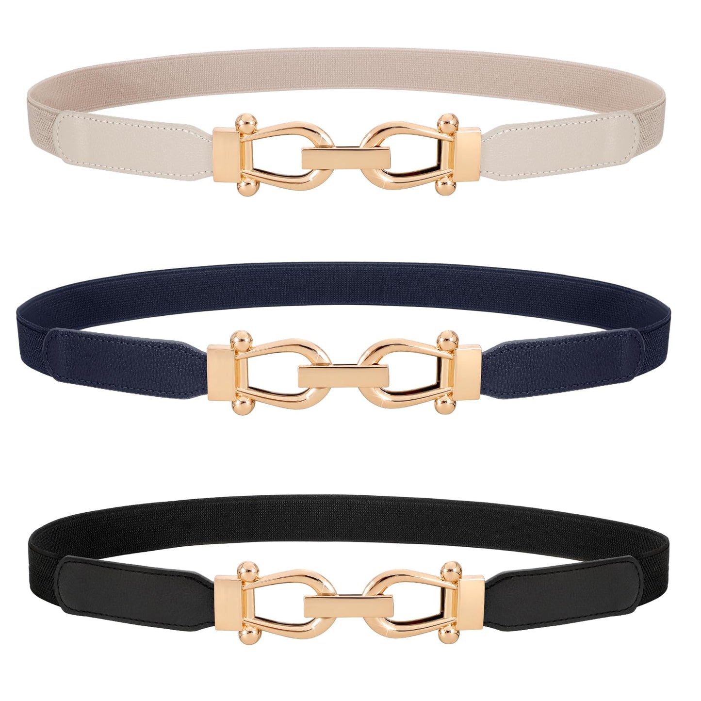 HOTWERFORU 3 Pack Women Skinny Elastic Waist Belt Gold Buckle Stretchy Thin Belt for Jeans Dress