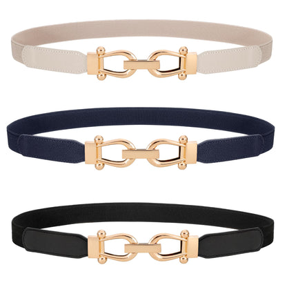 HOTWERFORU 3 Pack Women Skinny Elastic Waist Belt Gold Buckle Stretchy Thin Belt for Jeans Dress