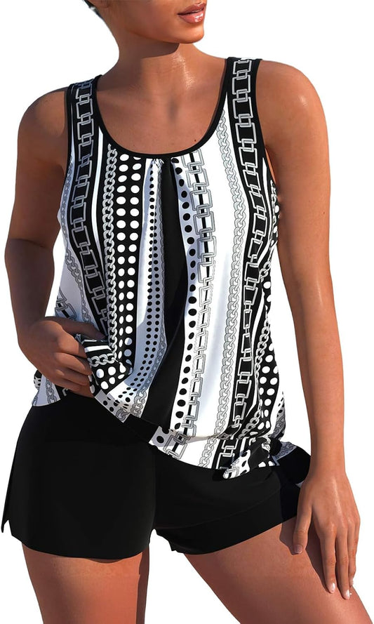 HOTROSEWE Modest Tankini Swimsuits for Women, Two Piece Athletic Womens Bathing Suits Blouson Tank Tops with Board Shorts