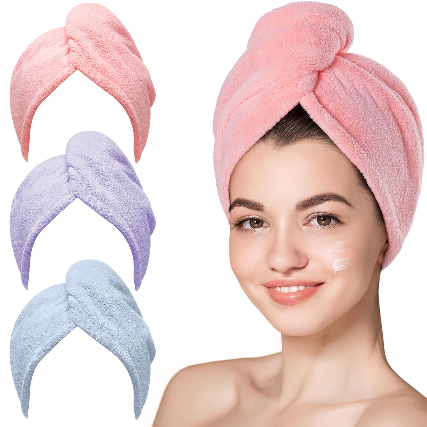 HOTHicober Microfiber Hair Towel Wrap, Fast Drying Hair Towels for Women, Soft Lightweight Quick Dry Turban for Curly & Long Hair–3 Pack(Blue/Grey/Pink)