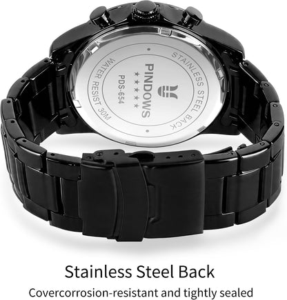HOTPINDOWS Men's Black Minimalist Watch Stainless Steel Chronograph, Date | 3ATM water resistant; Adjustable metal bracelet with sizing tool; Perfect for business & casual wear; Clear calendar