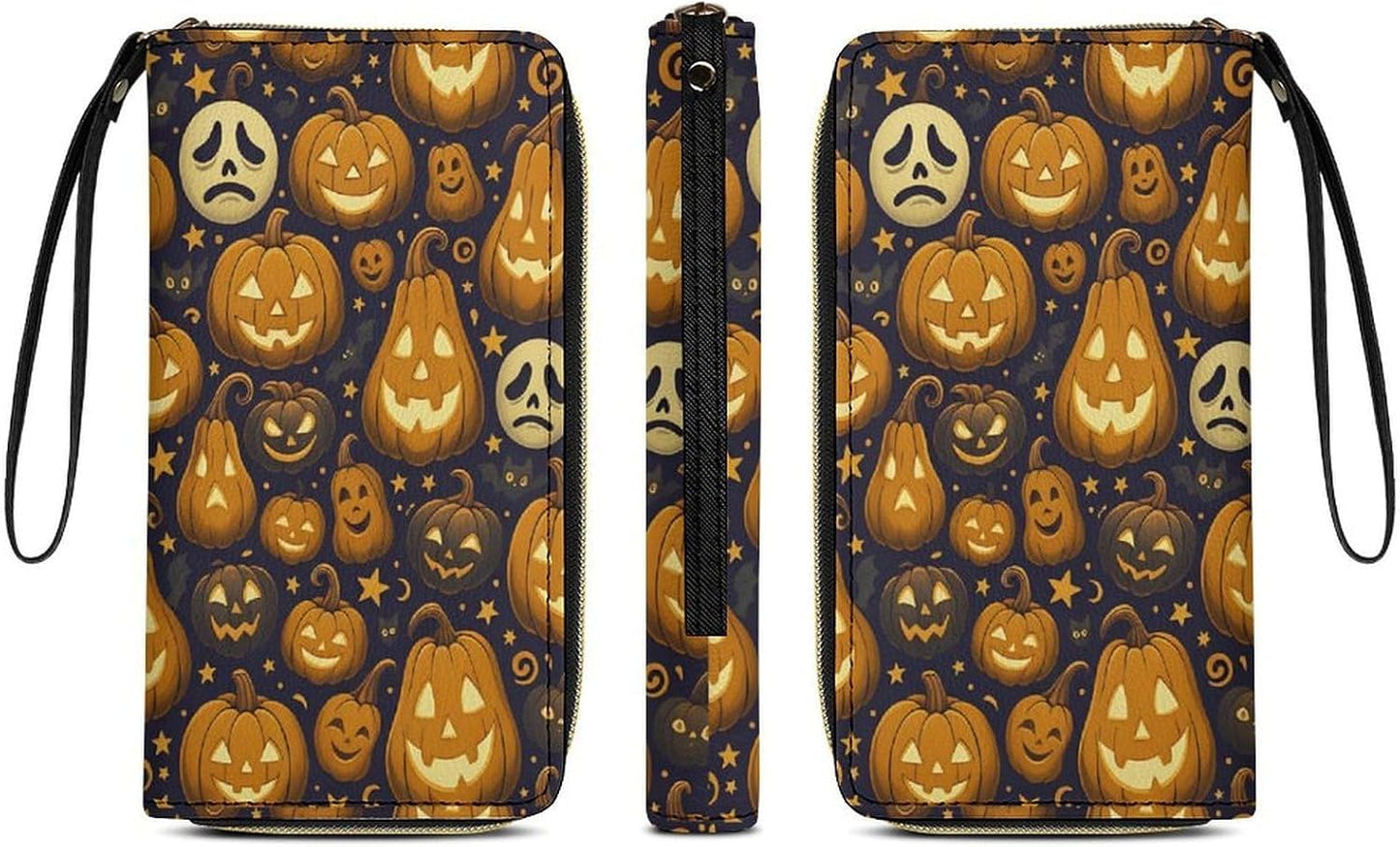 HOTHalloween Pumpkin Pattern Women's Wallet Wristlet Zipper Purse with Hand Strap Travel Credit Card Holder for Daily Use Gifts