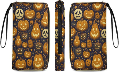 HOTHalloween Pumpkin Pattern Women's Wallet Wristlet Zipper Purse with Hand Strap Travel Credit Card Holder for Daily Use Gifts