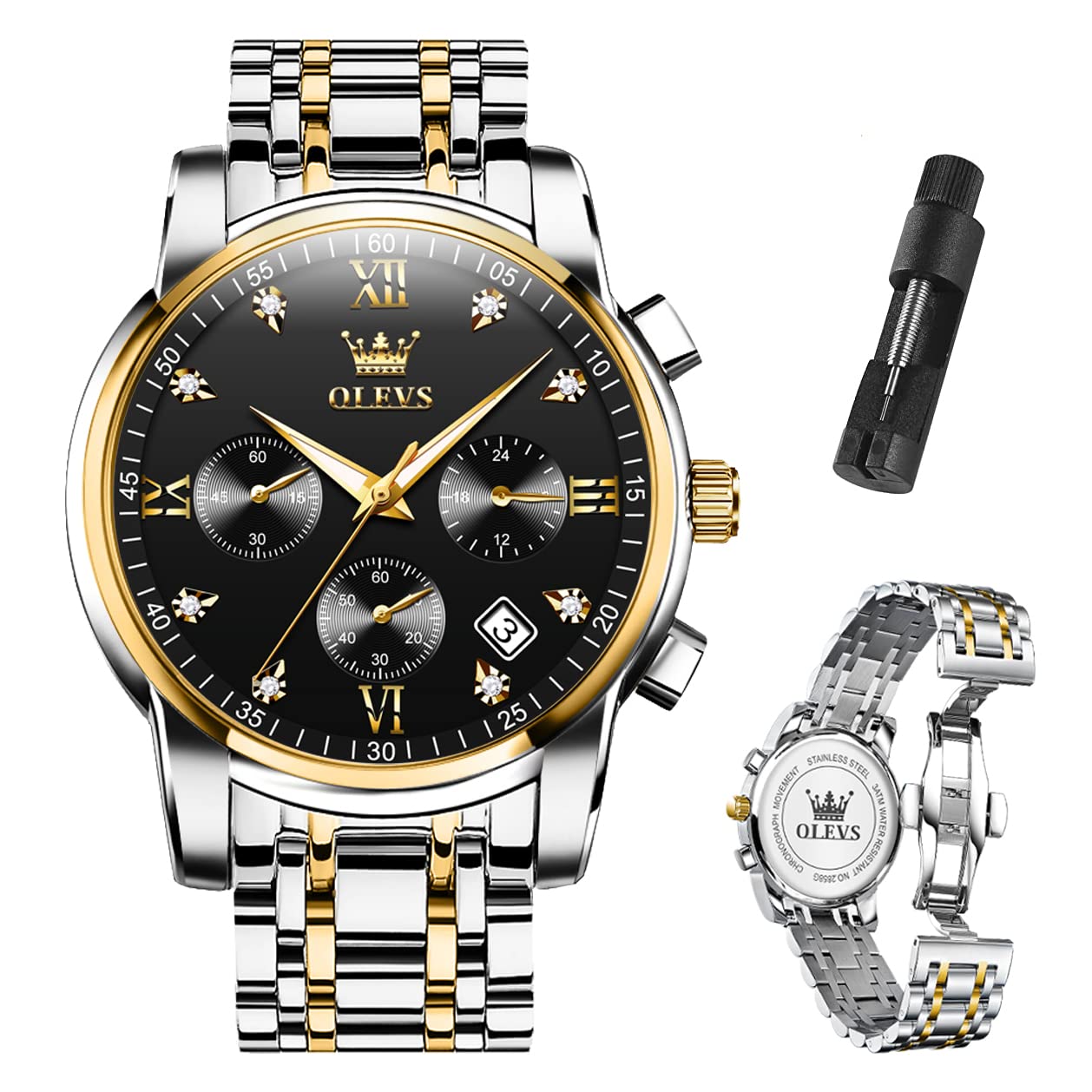 HOTOLEVS Mens Watches Luxury Waterproof Luminous Easy Read Chronograph Watches Full Gold/White Dail/Black Face with Calendar Wrist Watches
