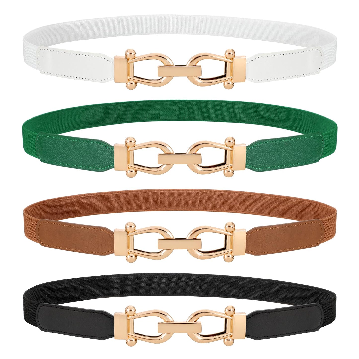 HOTWERFORU 4 Pack Women Skinny Elastic Waist Belt Gold Buckle Stretchy Thin Belt for Jeans Dress
