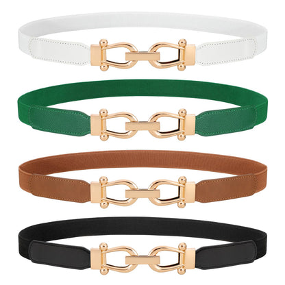 HOTWERFORU 4 Pack Women Skinny Elastic Waist Belt Gold Buckle Stretchy Thin Belt for Jeans Dress