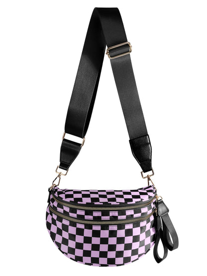 HOTBlack and White Checkered Crossbody Bag Bum Bag for Women,Spacious Checkered Purse Fanny Packs Belt Bag