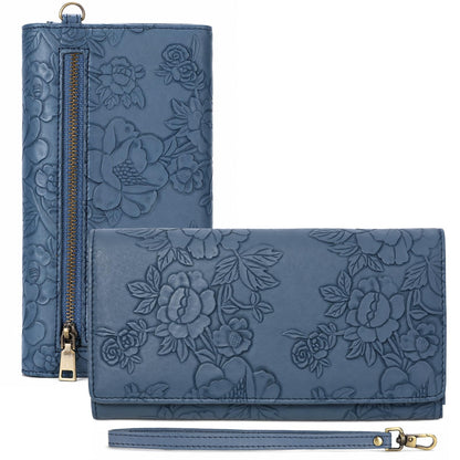 HOTGAEKEAO Wallets for Women Vegan Leather RFID Blocking Card Holder Trifold Ladies Long Purse Wristlet Clutch with 3 ID Windows