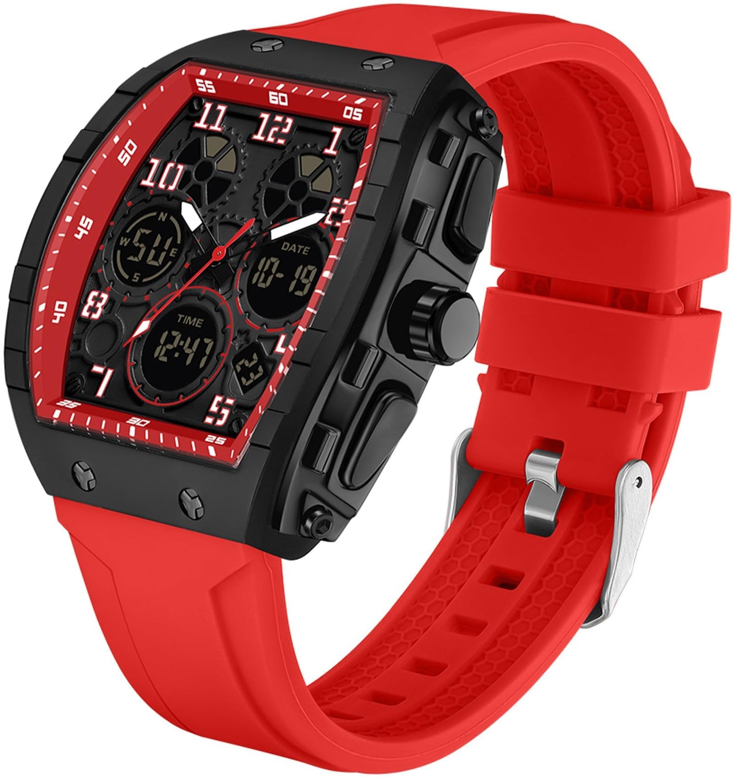 HOTfindtime Watches for Men Relojes para Hombres Wristwatch with Digital Analog Dual Time Display Countdown Stopwatch Punk Cool Design 5ATM Waterproof Mens Watch | Reloj de Hombre Rectangle Design Digital Analog Dual Time Display Countdown Stopwatch Punk