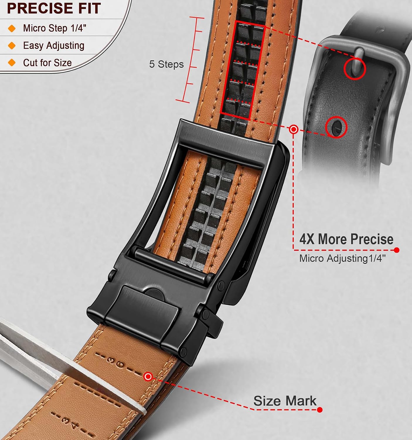 HOTBULLIANT Men Ratchet Belt 2 Pack, Click Sliding Leather Belt Adjustable for Gift Men Dress Casual Jeans 1 3/8,Cut for Fit