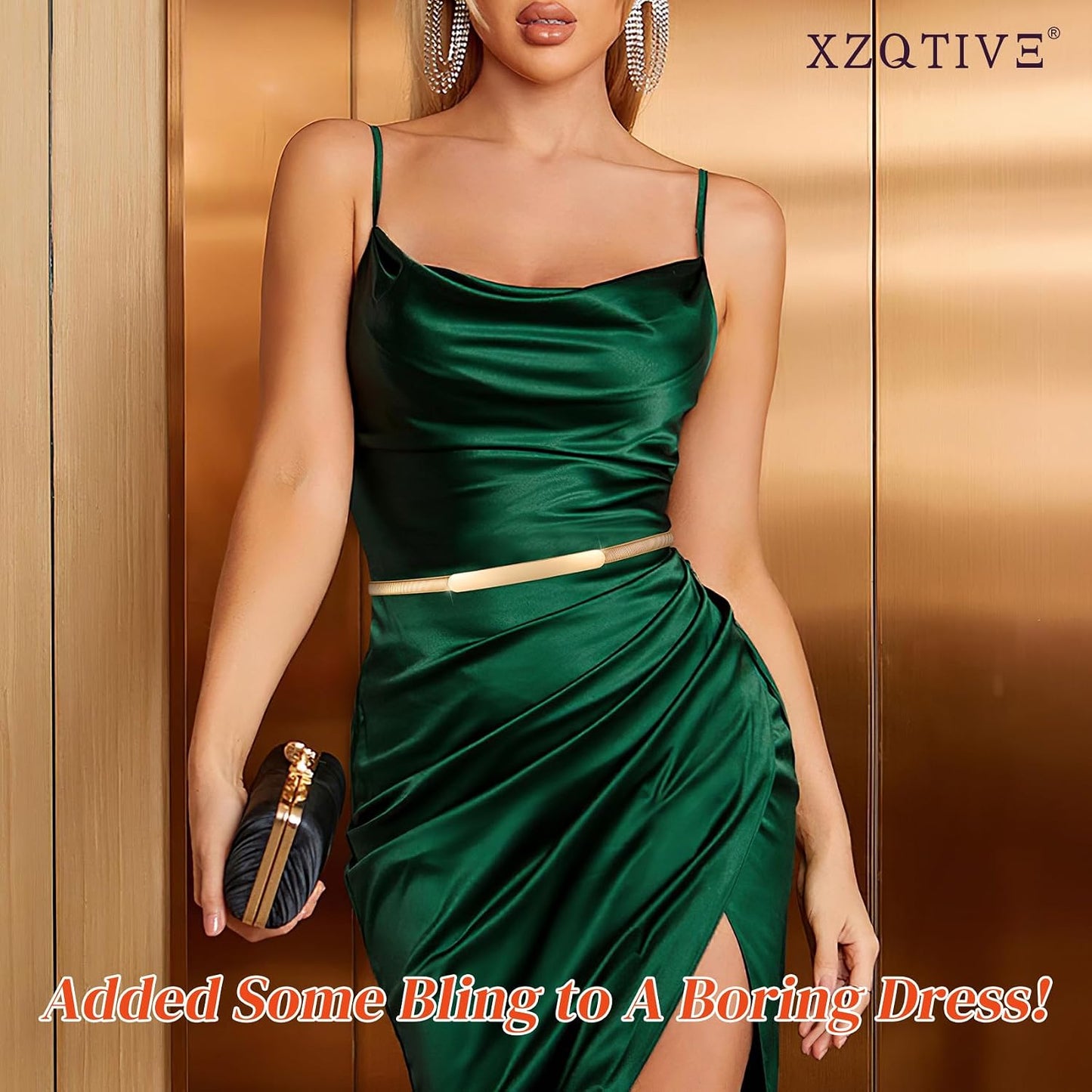 HOTXZQTIVE 2 Pieces Women Skinny Metal Chain Waist Belt Stretchy Saree Cinch Belt for Dress Gold Sliver