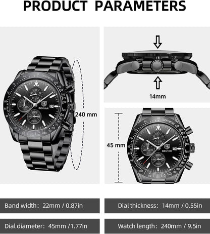 HOTBENYAR Watch for Men Analog Quartz Chronograph Waterproof Luminous Designer Mens Wrist Watches Business Work Sport Casual Dress Watch with Silicone Strap Elegant Gifts for Men
